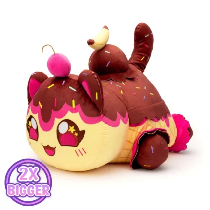 Sundae Cat is as sweet as can be! With a few scoops of fun and a sprinkle of snuggles, this frosty feline is waffle-y excited to be your new best friend! This Sundae Cat jumbo plushie and other Carnival Treats Aphmau MeeMeow pillow plush toys are officially licensed Aphmau merch! These pillowy stuffed animals feature cute embroidered faces and big, squishy bodies made from super soft material, perfect for any Aphmau fan. There are five 16-inch Carnival Treats MeeMeows to collect. Who will you add to your collection?
