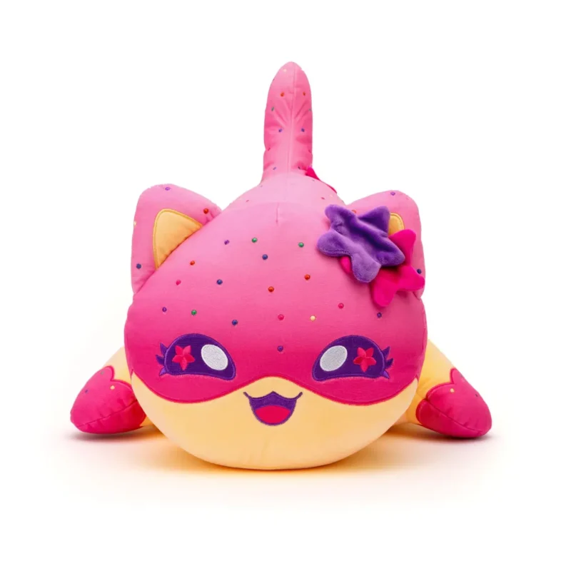 Frosted Cookie Cat sprinkles fun wherever she goes! It’s always a treat to have this starry-eyed furry friend around! Adopt one today! This Frosted Cookie Cat jumbo plushie and other Carnival Treats Aphmau MeeMeow pillow plush toys are officially licensed Aphmau merch! These pillowy stuffed animals feature cute embroidered faces and big, squishy bodies made from super soft material, perfect for any Aphmau fan. There are five 16-inch Carnival Treats MeeMeows to collect. Who will you add to your collection?