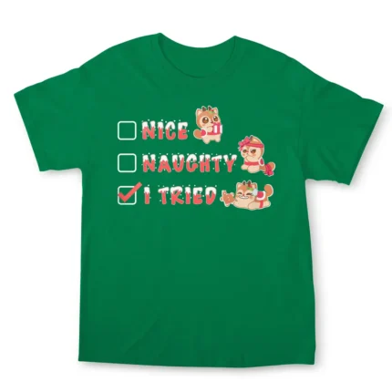 Naughty… Nice.. I tried! Which will you be this season? Featuring our Aphmau Reindeer Cat on a green cotton tee. Cozy and adorable!