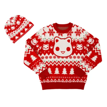 Bundle up in style for the holidays with the new MeeMeow sweater and beanie set! Keep comfy and cozy in this knit set, designed with classic holiday patterns for a festive look. The long-sleeve sweater and beanie hat are officially licensed Aphmau merch, made from soft and lightweight materials. Available in youth and adult sizes, this apparel set is perfect for kids, adults, and any Aphmau fan!