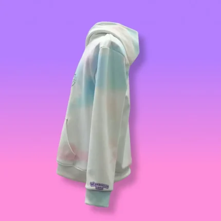 WonderCon Tie-dye Aphmau Hoodie featuring vibrant pastel tie-dye colors with official Aphmau-inspired design, cozy pullover fit, and soft fleece fabric for fans.